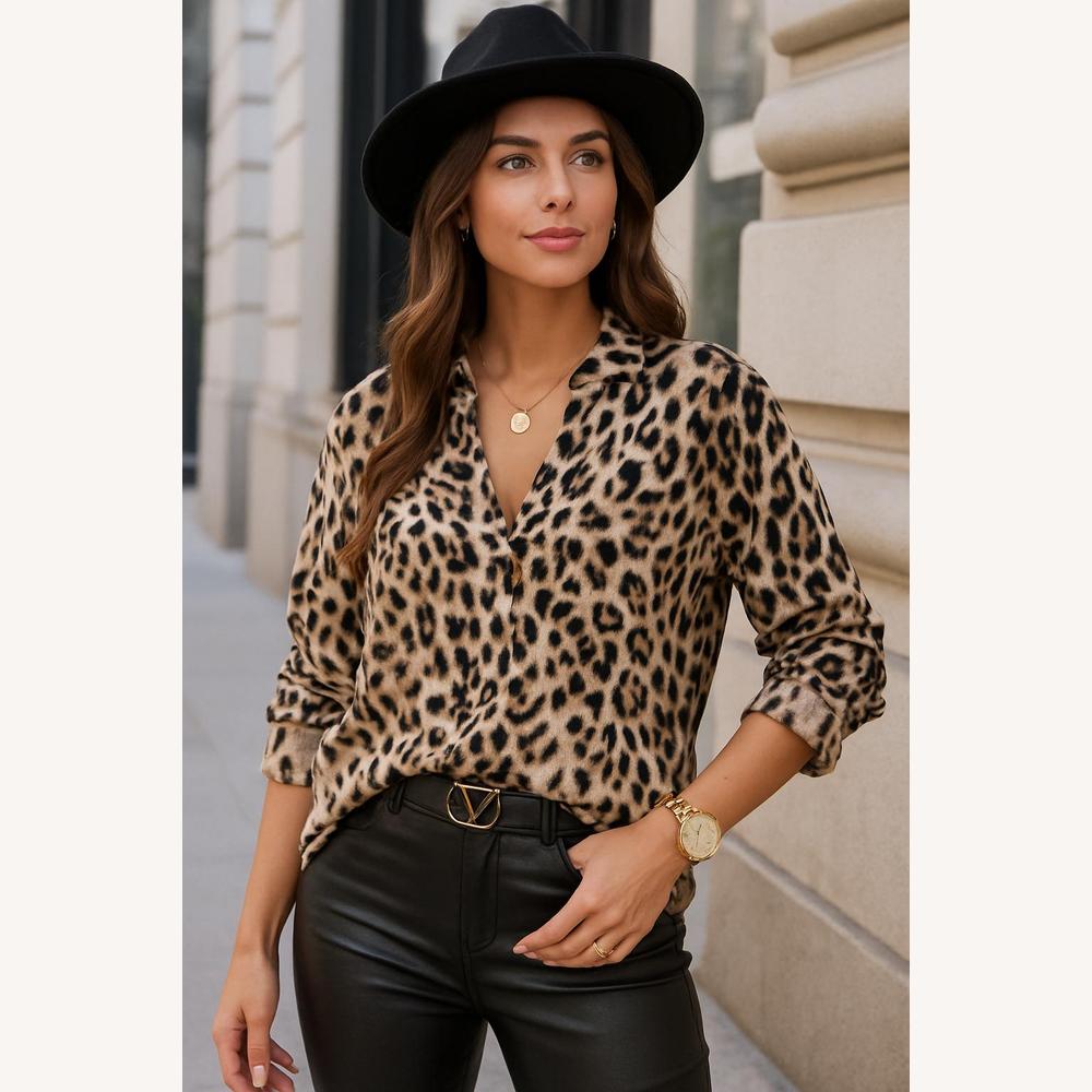 Chic Leopard Print Women's Blouse with Roll-Up Sleeves – Lightweight and Versatile Fabric