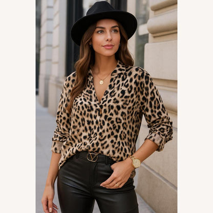 Chic Leopard Print Women's Blouse with Roll-Up Sleeves – Lightweight and Versatile Fabric