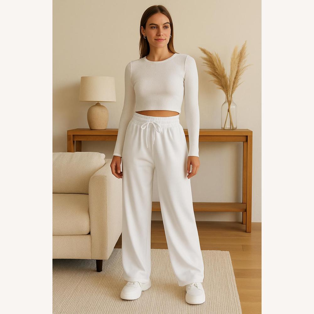 Pantalon de Jogging Femme Taille Haute en Polyester – Coupe Large et Décontractée pour un Style Tendance