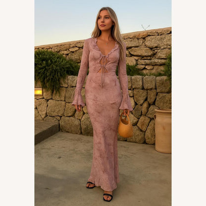 Long Lace Dress for Women with V-Neck and Long Sleeves – Elegant for Summer Evenings and Events