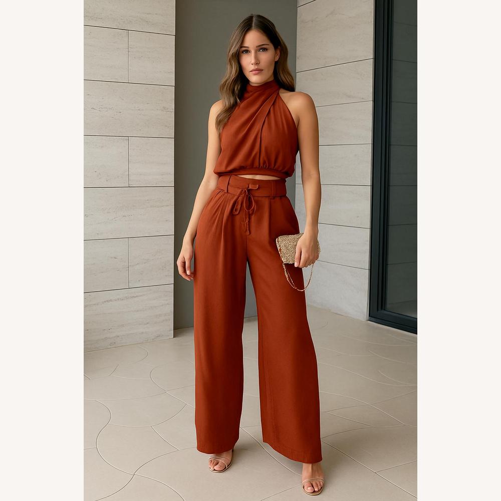 Ensemble Tailleur Femme Satiné Élégant - Haut Court et Pantalon Palazzo Beige, Chic et Confortable