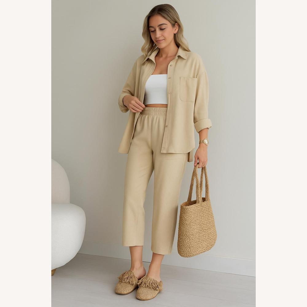 Ensemble Femme Décontracté Deux Pièces en Coton-Lin – Chemise Oversize et Pantalon Court Élastique