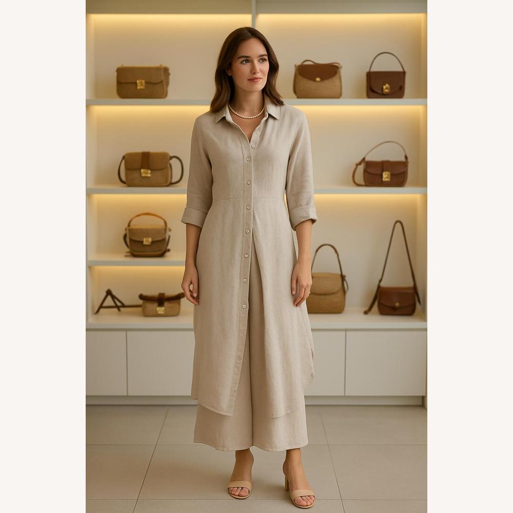 Ensemble Tailleur Femme en Lin avec Chemise Longue et Pantalon Large – Élégant et Confortable pour l'Été