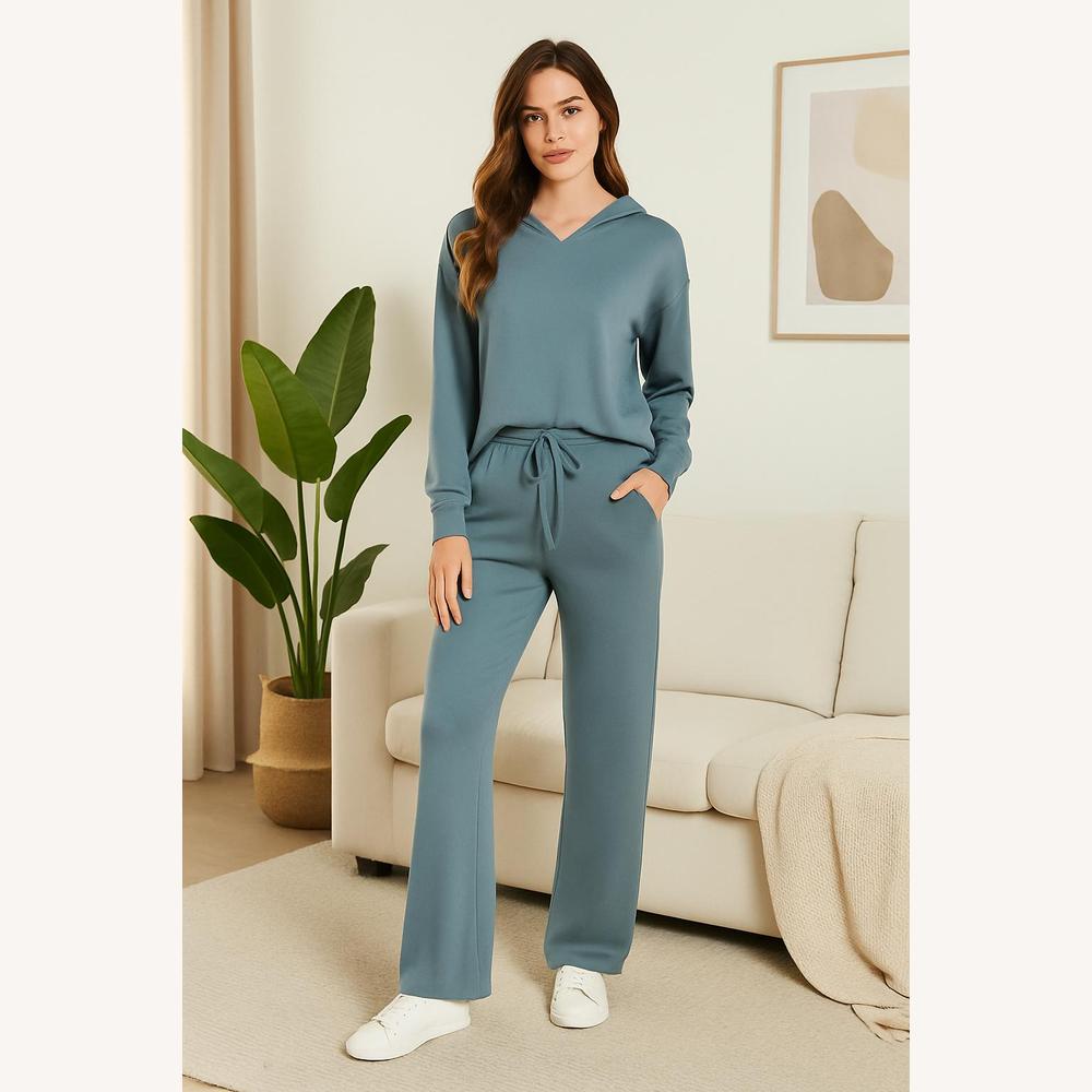 Ensemble Décontracté Femme en Polyester avec Haut à Col en V et Pantalon Large Ajustable – Confort et Élégance au Quotidien