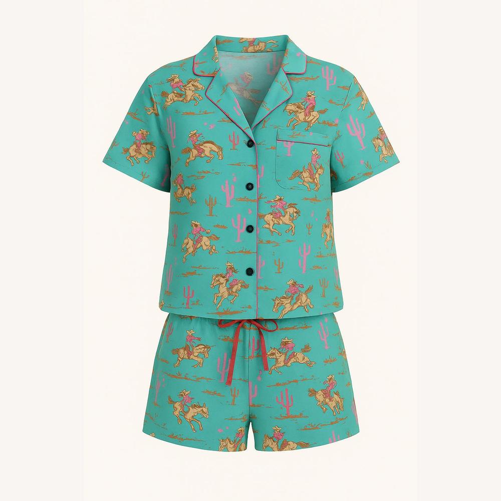 Pyjama Femme Hiver Deux-Pièces Imprimé Cowgirl Désert – Confortable et Chaud, Bleu Aruba