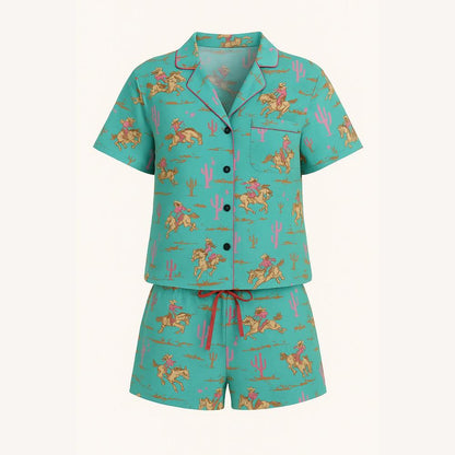 Women's Winter Pajamas Two-Piece Desert Cowgirl Print – Comfortable and Warm, Aruba Blue