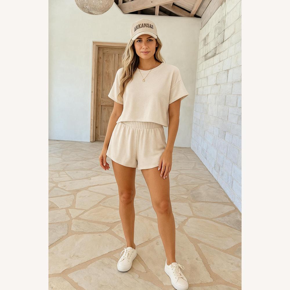 Women's Beige Polyester Set, Cropped Top and Flowing Shorts, Casual Style, Elastic Waist