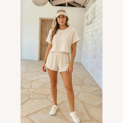 Women's Beige Polyester Set, Cropped Top and Flowing Shorts, Casual Style, Elastic Waist