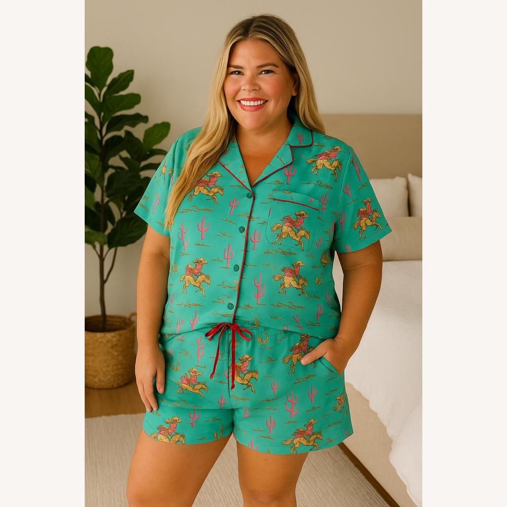 Pyjama Femme Hiver Deux-Pièces Imprimé Cowgirl Désert – Confortable et Chaud, Bleu Aruba