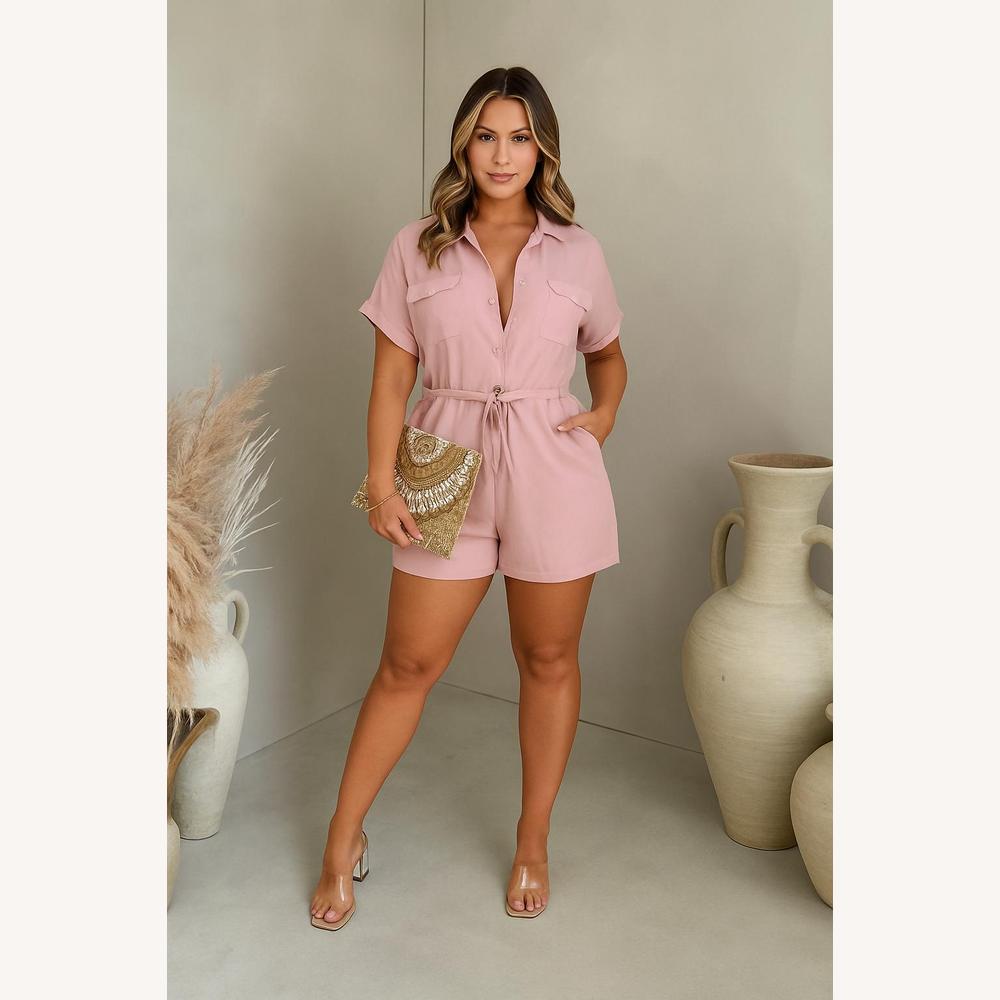 Combinaison Femme Chic Chemise à Manches Courtes Blanc, Légère et Élégante avec Ceinture Ajustable pour l'Été