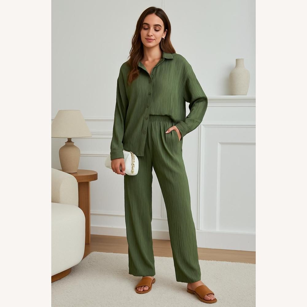 Ensemble Tailleur Femme Vert, Chemise à Manches Longues et Pantalon Large, Style Décontracté et Élégant, Disponible en S à XL