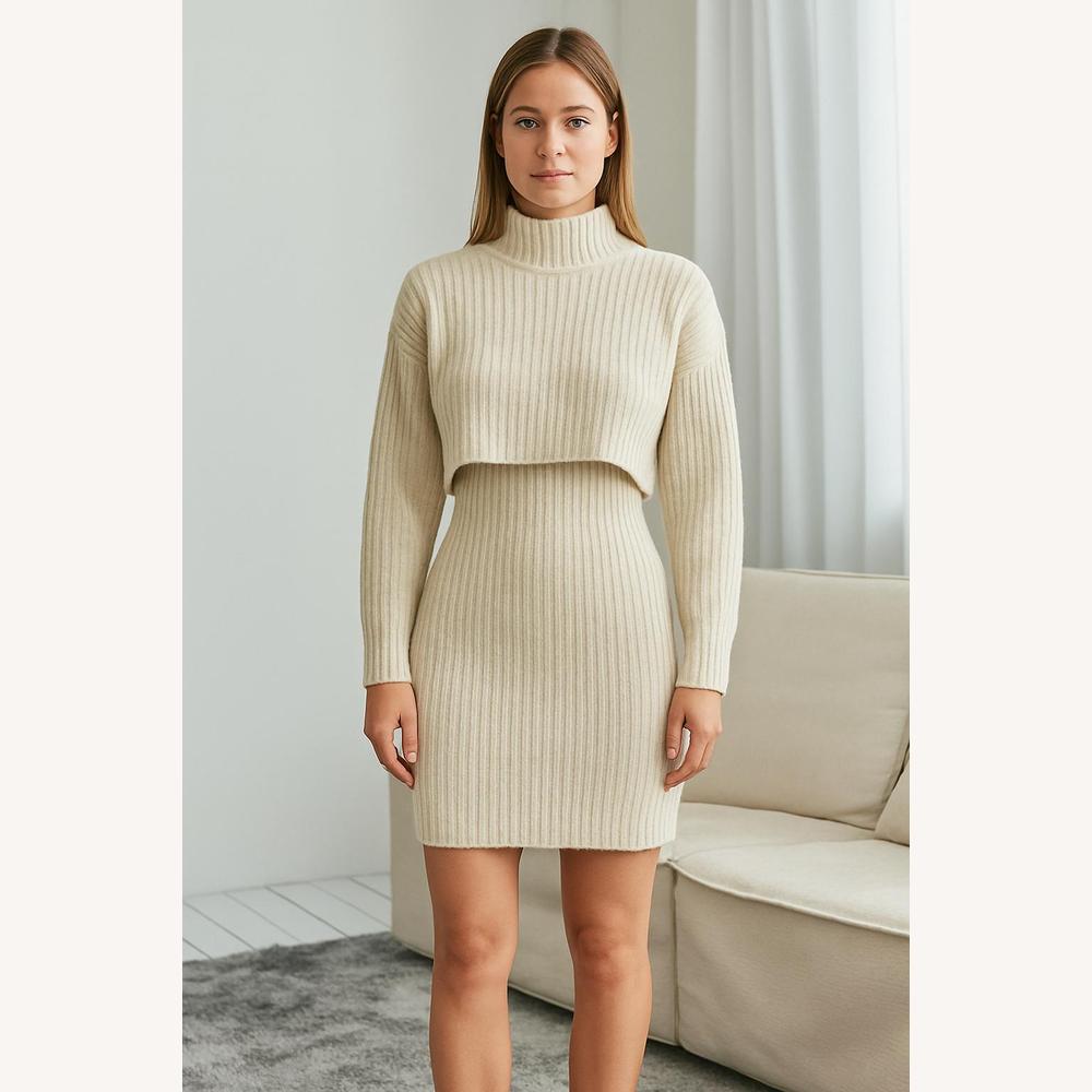 Robe Pull Femme Côtelée Beige, Douce et Moulante en Maille, Effet Deux Pièces, Col Montant, Manches Longues, Taille XS à L