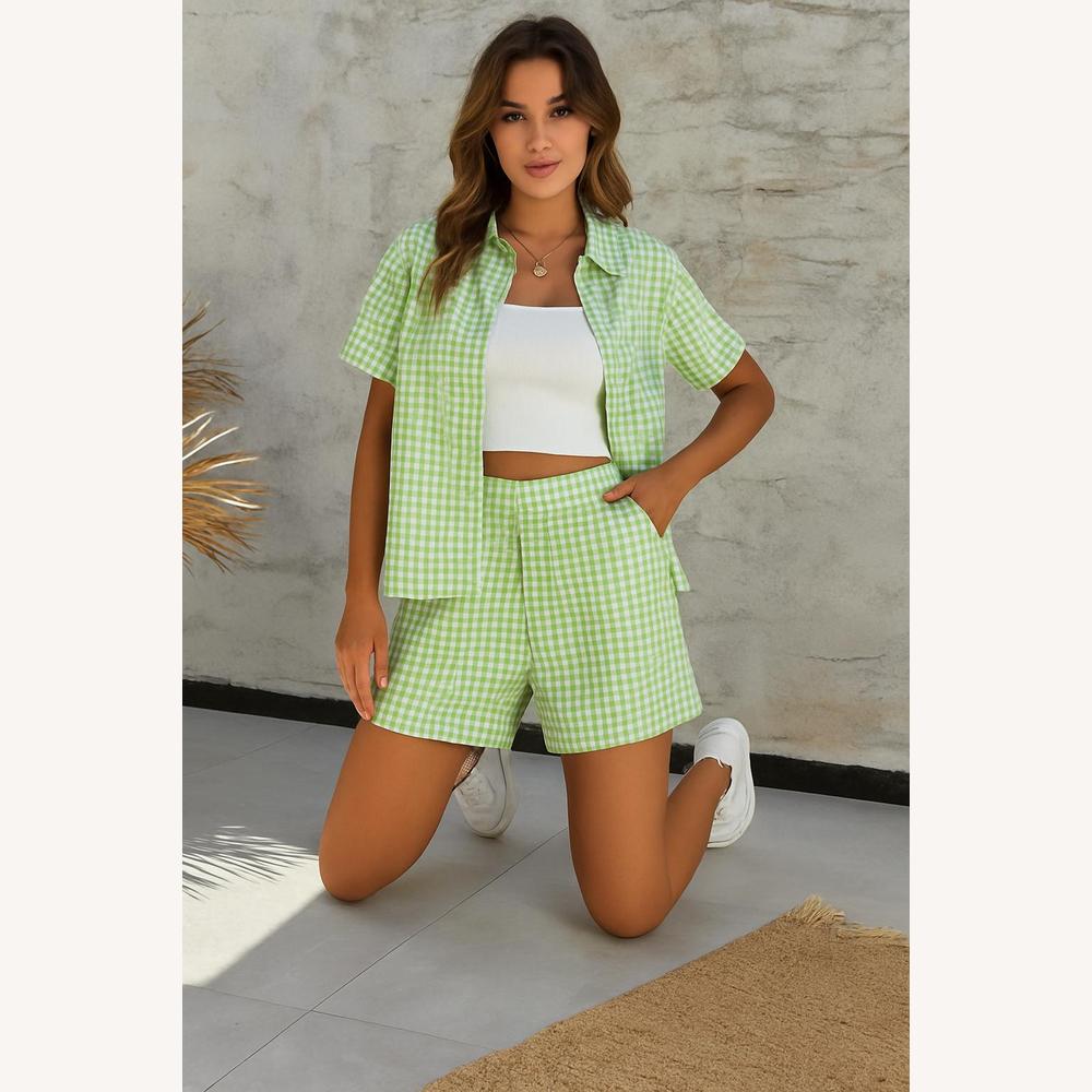 Ensemble Femme Vichy Deux Pièces – Chemise Ample et Short Élastique en Coton Léger pour l'Été