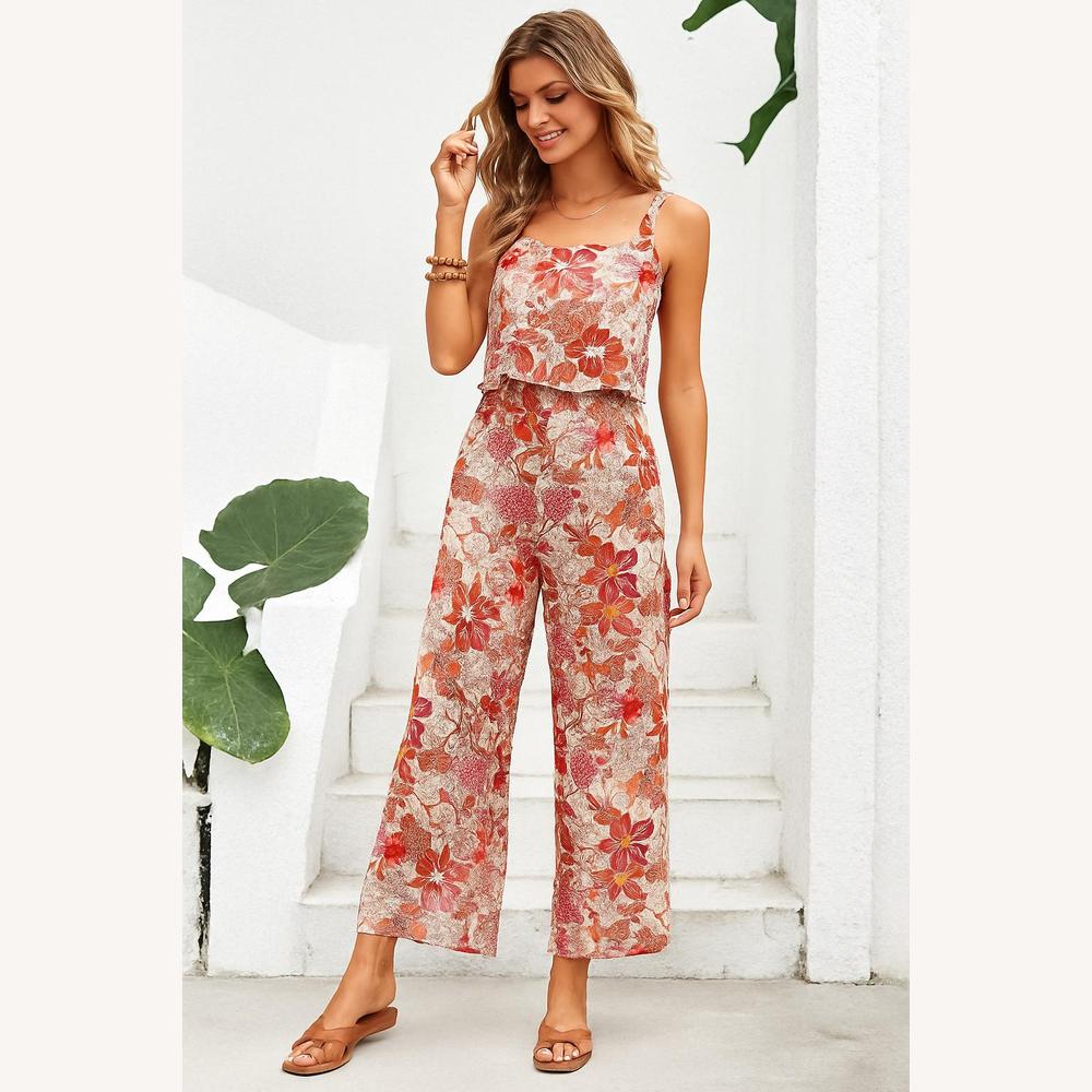 Combinaison Femme Chic Fleurie Légère à Volants, Pantalon Ample 7/8, Style Bohème, Sans Manches, Idéale Été