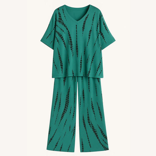 Women's Casual Set Abstract Print – Loose Top and Flowing Polyester Pants for Sport and Relaxation