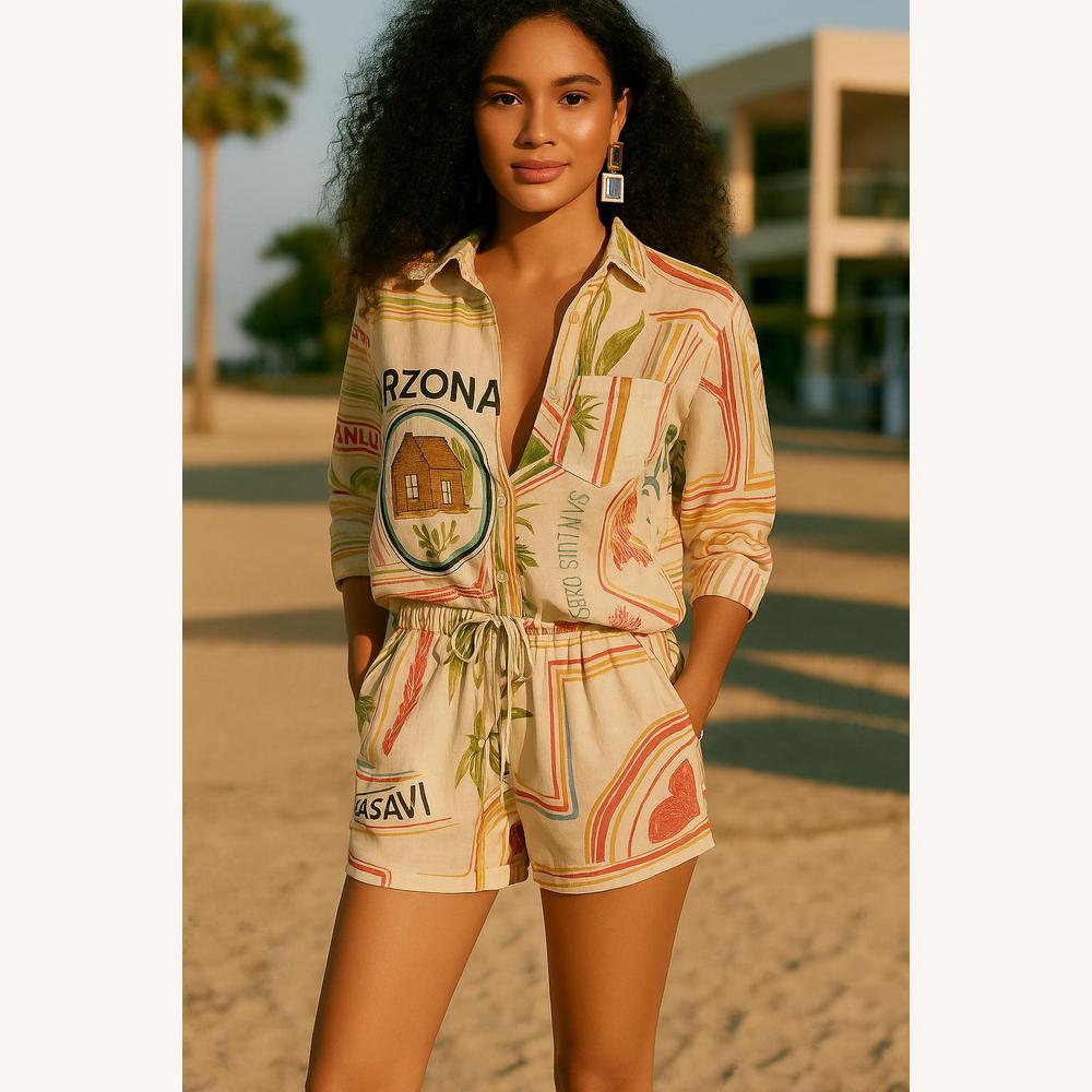 Chemise Femme Oversize Imprimée en Lin et Coton, Motifs Rétro Multicolores - Style Décontracté pour Été