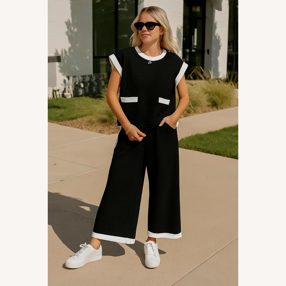 Ensemble Deux Pièces Femme Noir avec Haut Ample et Pantalon à Jambes Larges – Détails Contrastants Blancs