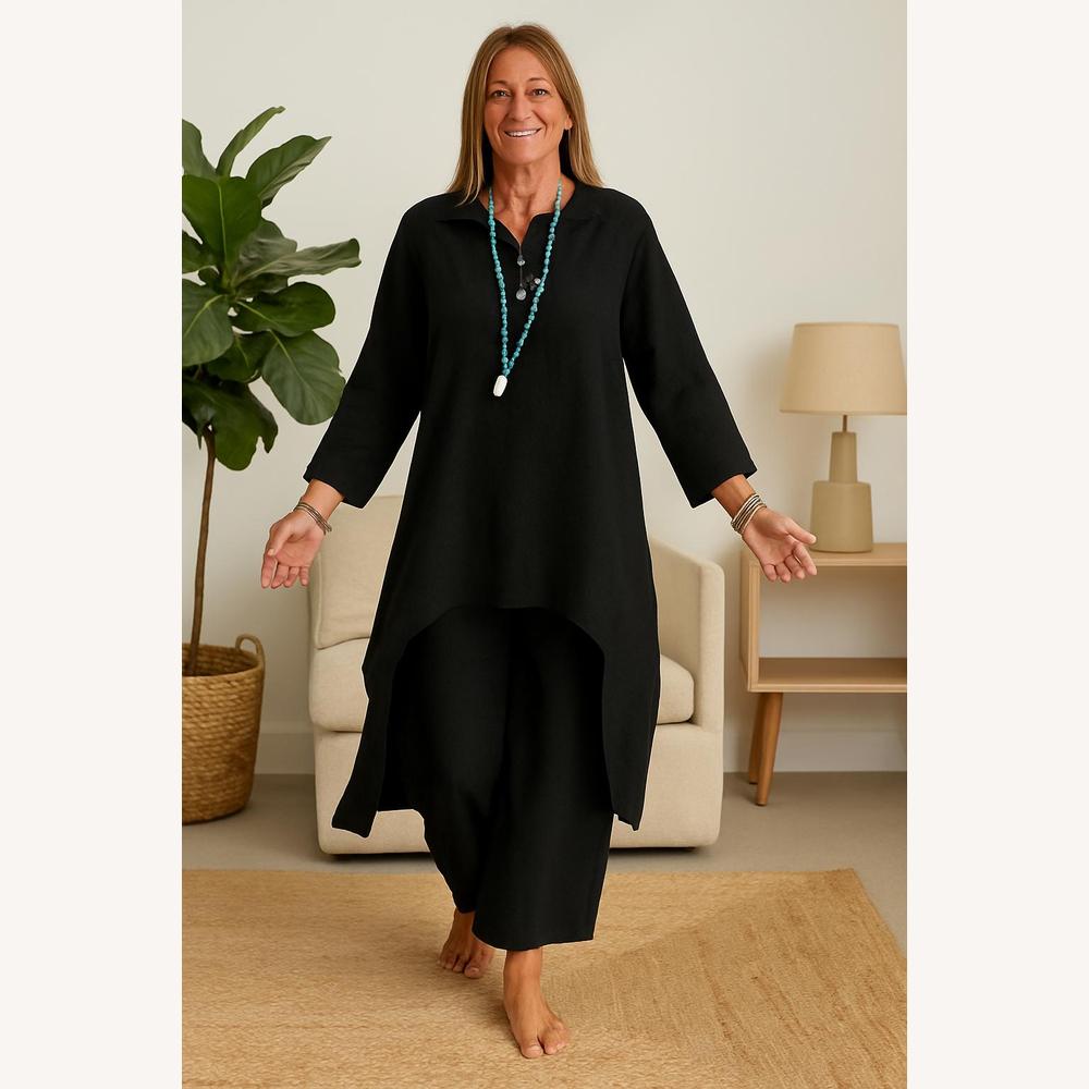 Ensemble Tailleur Femme en Lin Léger avec Tunique Asymétrique et Pantalon Ample – Idéal pour l'Été