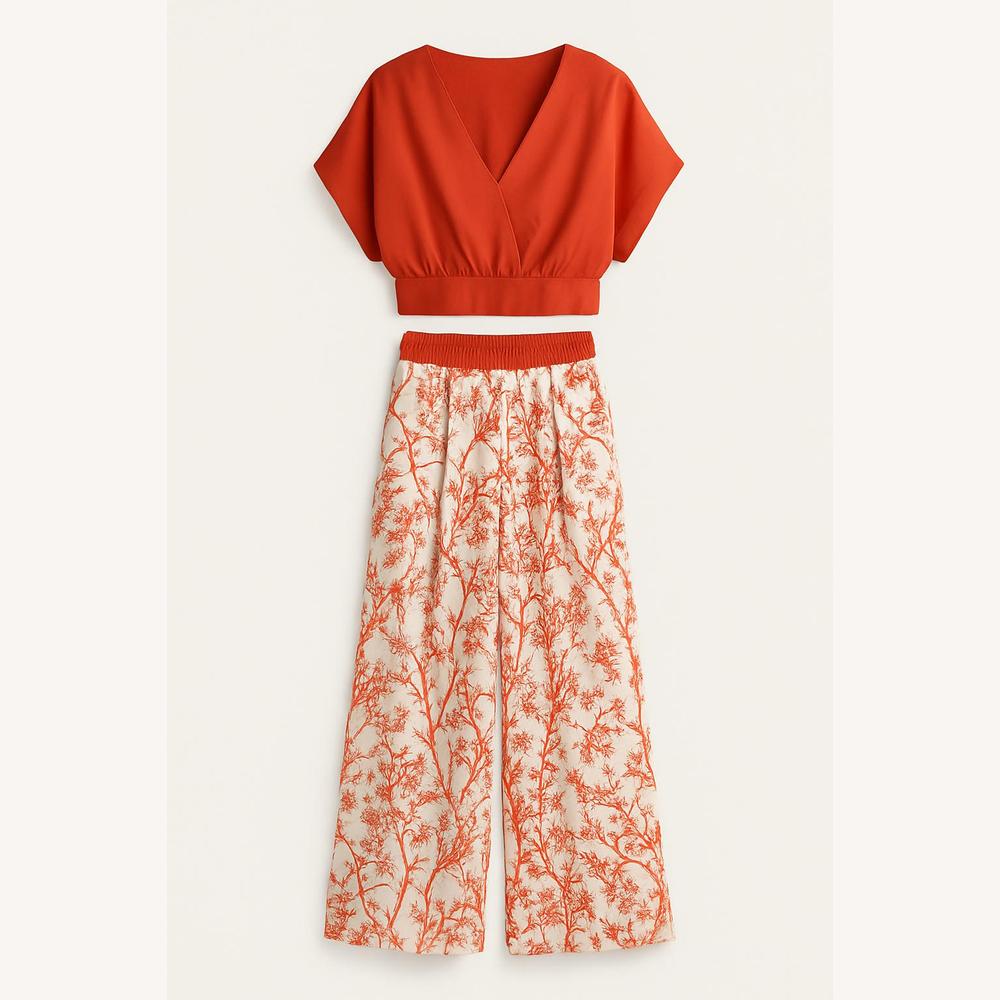 Women's High Waist Flowing Pants Botanical Print – Elegant and Comfortable for Summer