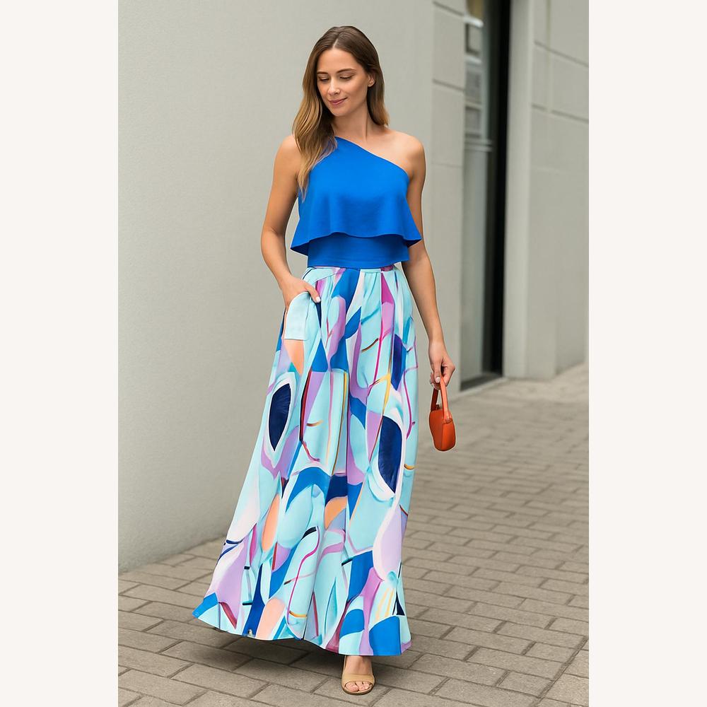 Women's Long Dress Color Block Halter - Elegant Long Evening Dress for Summer, Airy Skirt and High Waist
