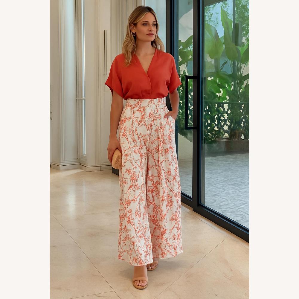 Pantalon Fluide Femme Taille Haute Imprimé Botanique – Élégant et Confortable pour l'Été