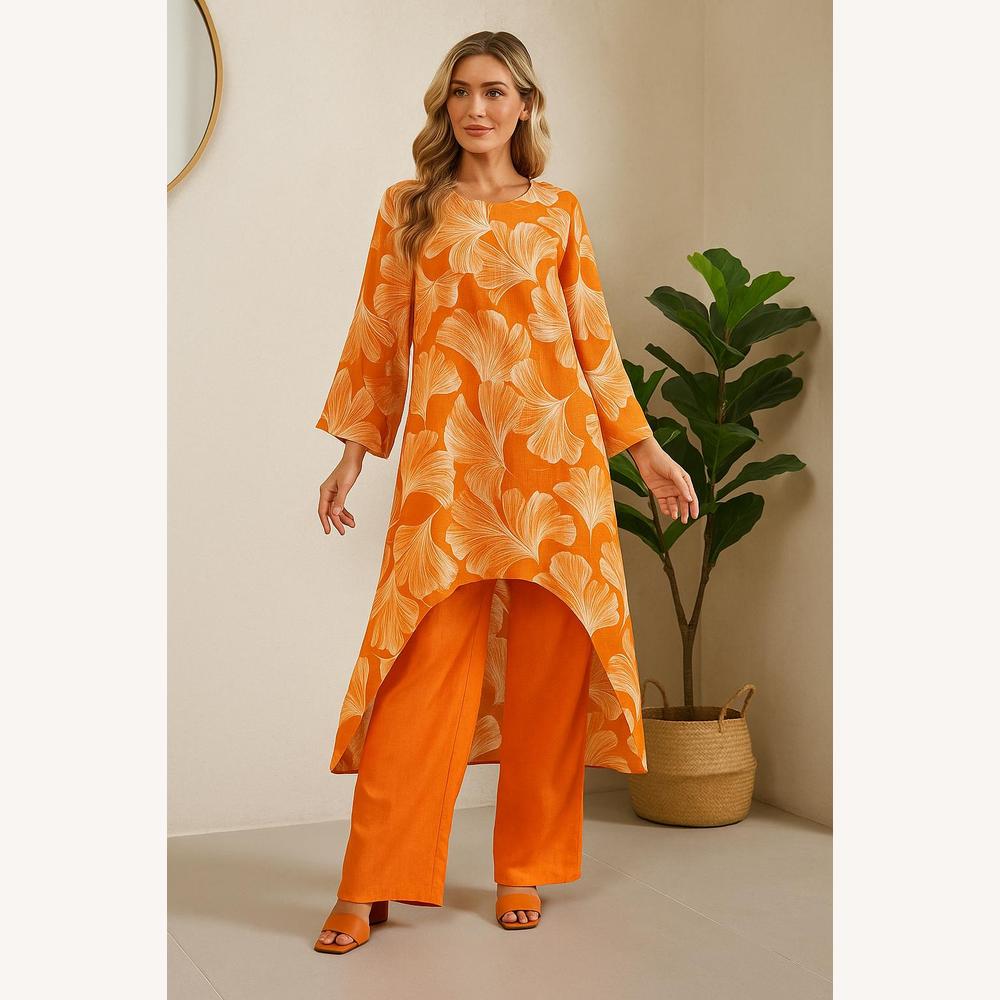 Ensemble Femme en Lin Léger avec Tunique Asymétrique et Pantalon Large – Style Décontracté et Élégant