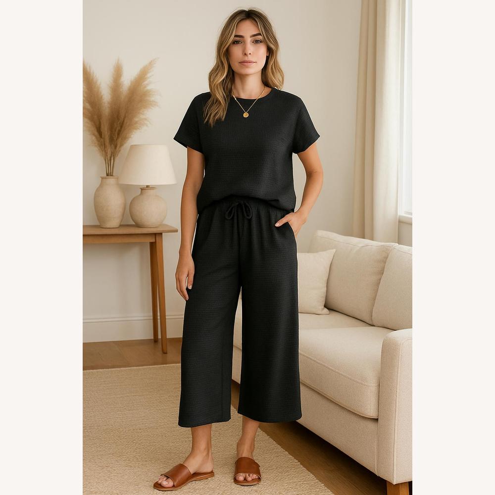 Ensemble Décontracté Femme Noir en Tissu Texturé – Top Ample et Pantalon Large avec Poches