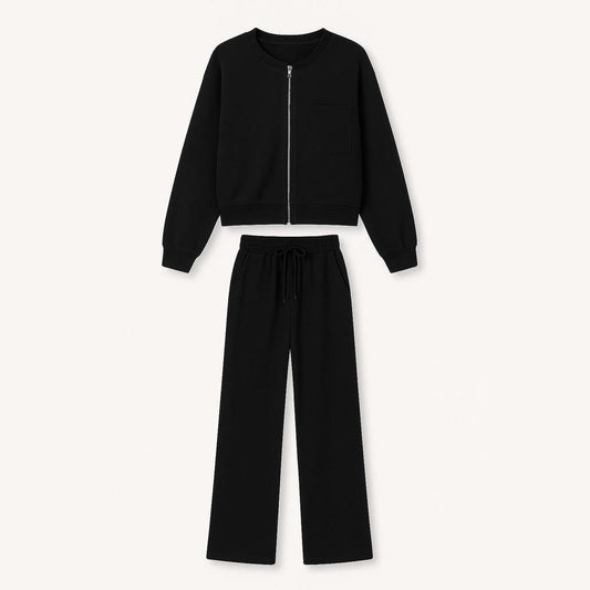 Women's 3-Piece Jogging Set - Zip Jacket, Wide High-Waisted Pants, Crop Top - Soft and Comfortable Fabric