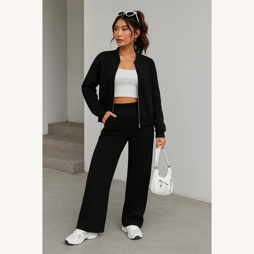 Ensemble Tailleur Femme 3 Pièces – Veste Zippée, Pantalon Large Taille Haute et Top Court en Tissu Doux
