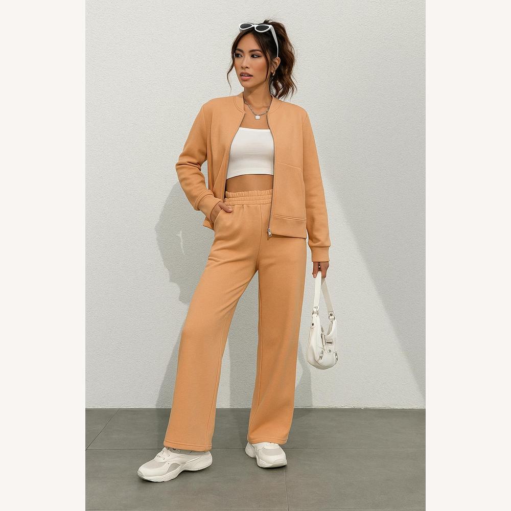 Ensemble Tailleur Femme 3 Pièces – Veste Zippée, Pantalon Large Taille Haute et Top Court en Tissu Doux