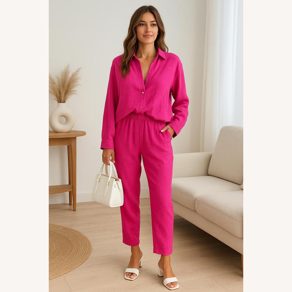 Women's Beige Linen Suit Set with Loose Shirt and High-Waisted Pants - Chic and Casual