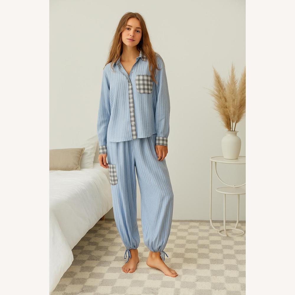 Pyjama Femme Hiver Rayé en Coton et Polyester – Ensemble Chaud et Décontracté pour Détente à la Maison