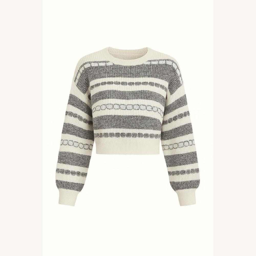 Loose and Short Women's Striped Sweater – Soft and Breathable Knitted Fabric, Long Sleeves with Ribbed Cuffs