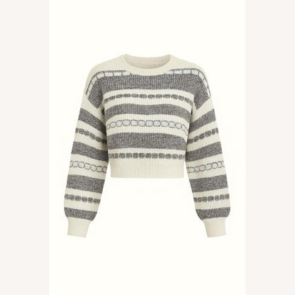 Loose and Short Women's Striped Sweater – Soft and Breathable Knitted Fabric, Long Sleeves with Ribbed Cuffs