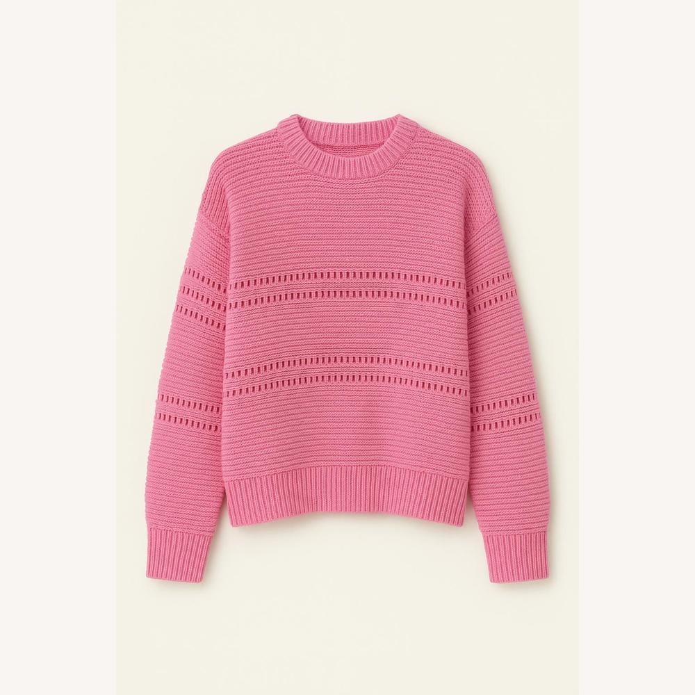 Pull Femme Ajouré Décontracté en Mélange Polyester-Acrylique – Col Rond, Manches Longues, Style Moderne