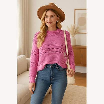 Women's Casual Openwork Pullover Round Neck – Long Sleeves, Oversized Fit, Ideal for Casual and Streetwear