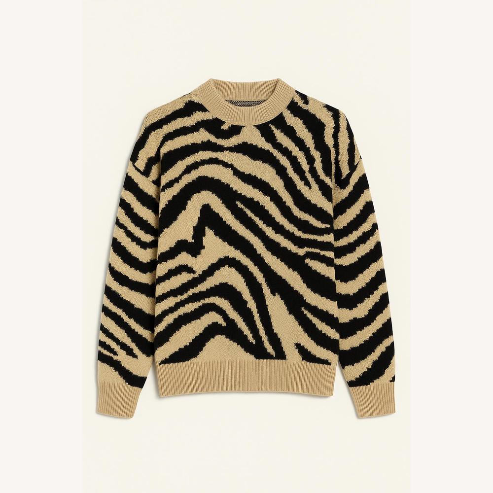 Pull Femme Ample Imprimé Zèbre en Polyester – Tissu Doux et Confortable pour un Look Tendance