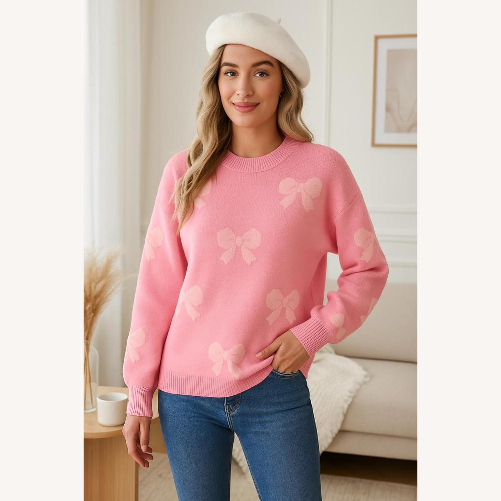 Pull Tricoté Doux avec Motifs Nœuds – Coupe Ample et Confortable pour un Style Décontracté Féminin