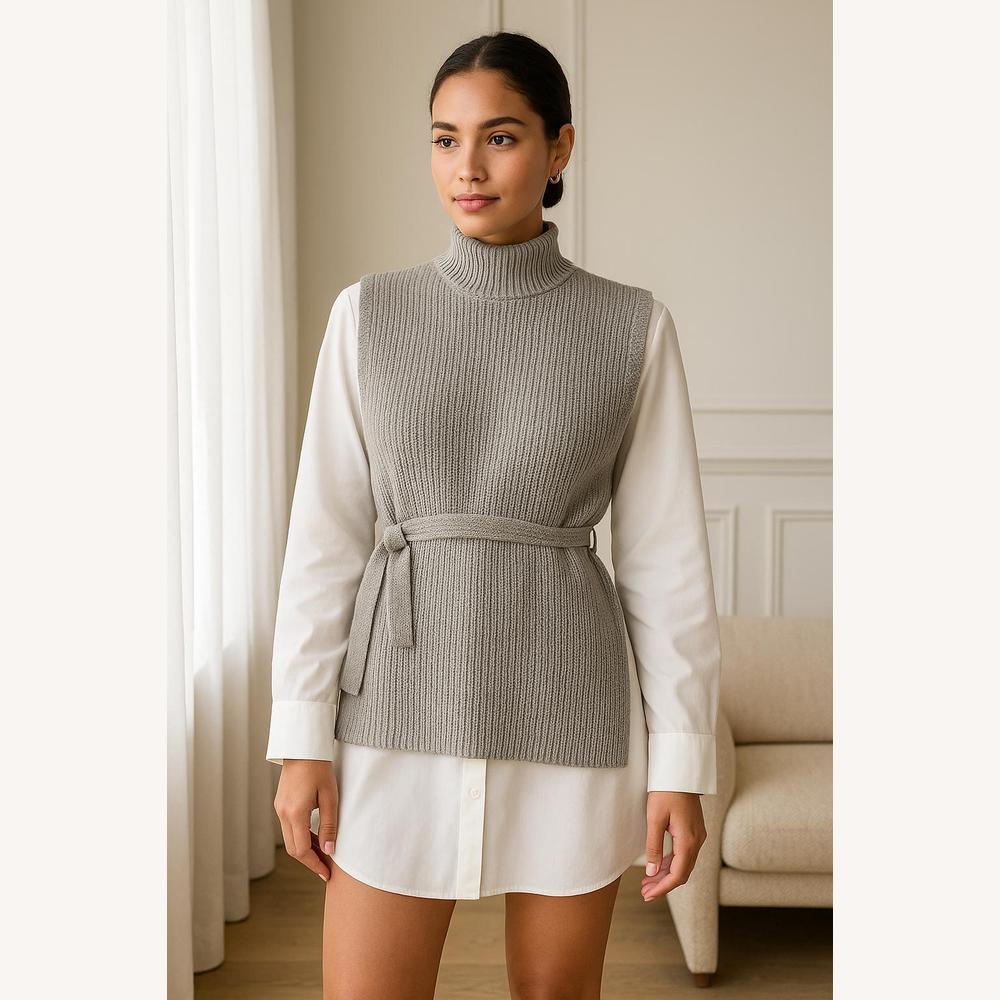 Pull Femme Sans Manches Col Roulé en Maille Côtelée – Élégant et Chaud pour Superposition, Taille S à XL