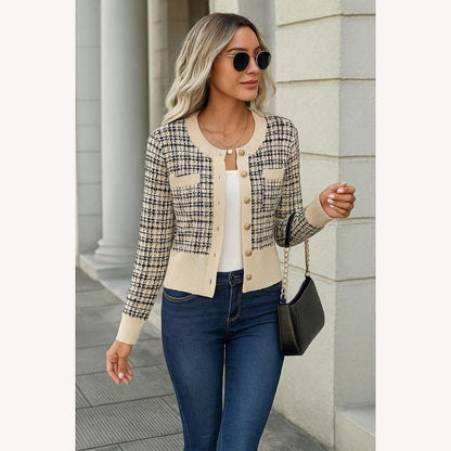 Chic Women's Cardigan in Tweed Knit with Gold Buttons – Fitted Cut and Checkered Pattern