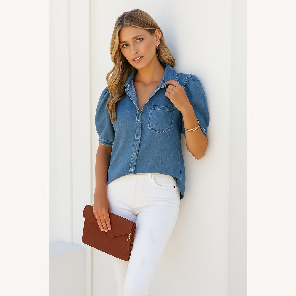 Chemise en Jean Femme à Manches Bouffantes – Chic et Décontractée en Denim Doux pour Toutes Occasions