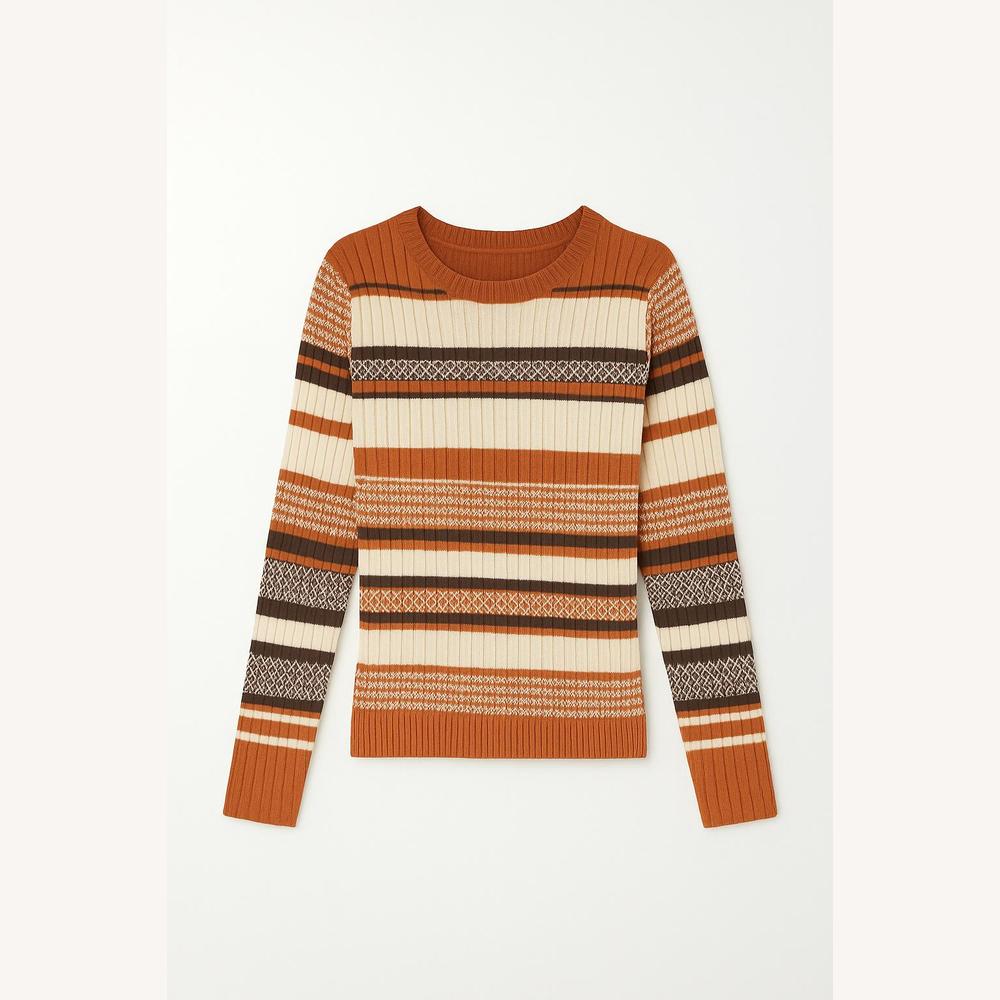 Women's Ribbed Striped Sweater Soft and Stretchy – Round Neck, Long Sleeves, Ideal for Autumn and Winter