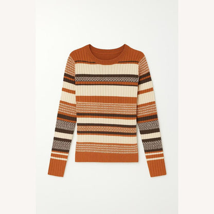 Women's Ribbed Striped Sweater Soft and Stretchy – Round Neck, Long Sleeves, Ideal for Autumn and Winter