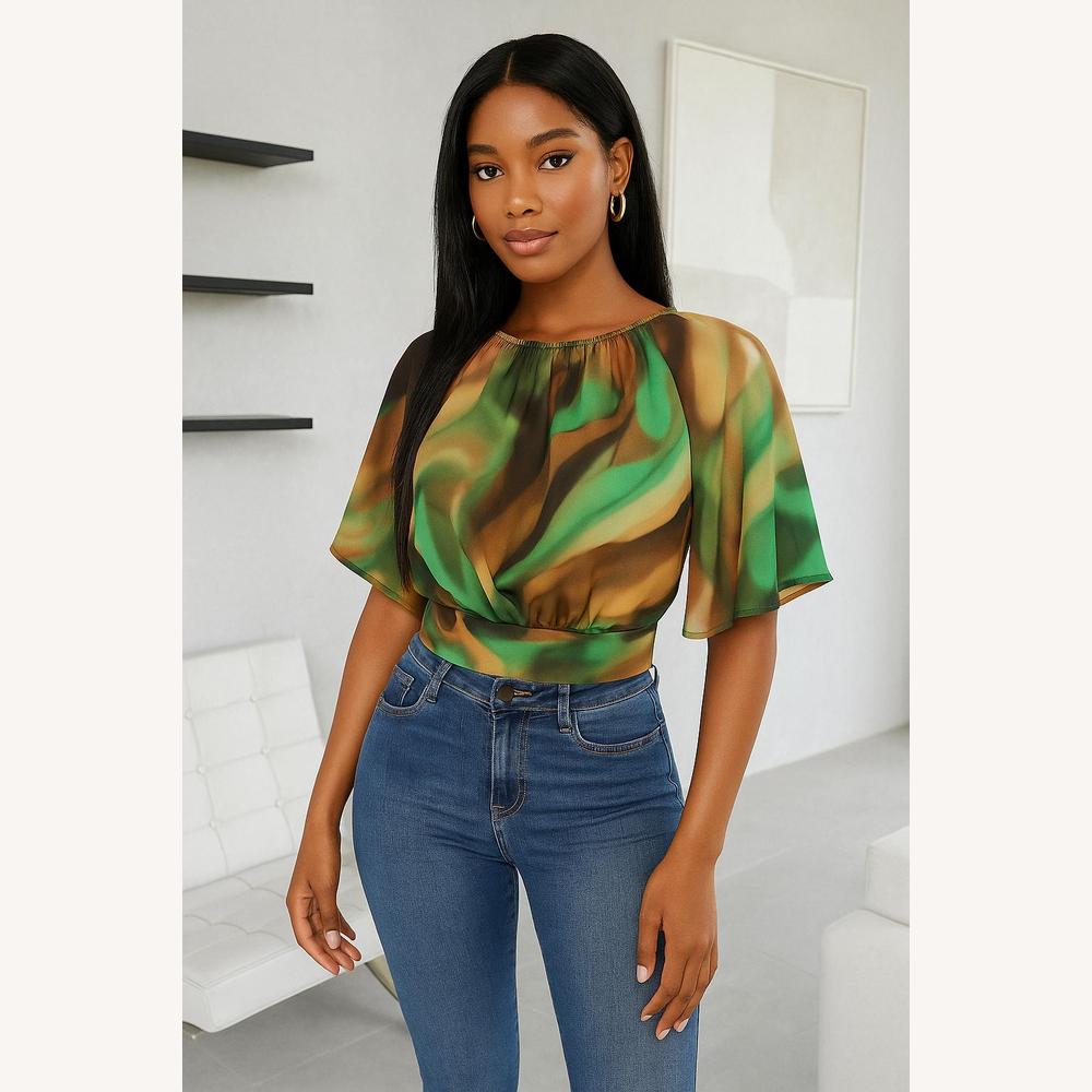 Top Femme Court à Imprimé Abstrait Vert – Manches Amples en Tissu Fluide et Confortable