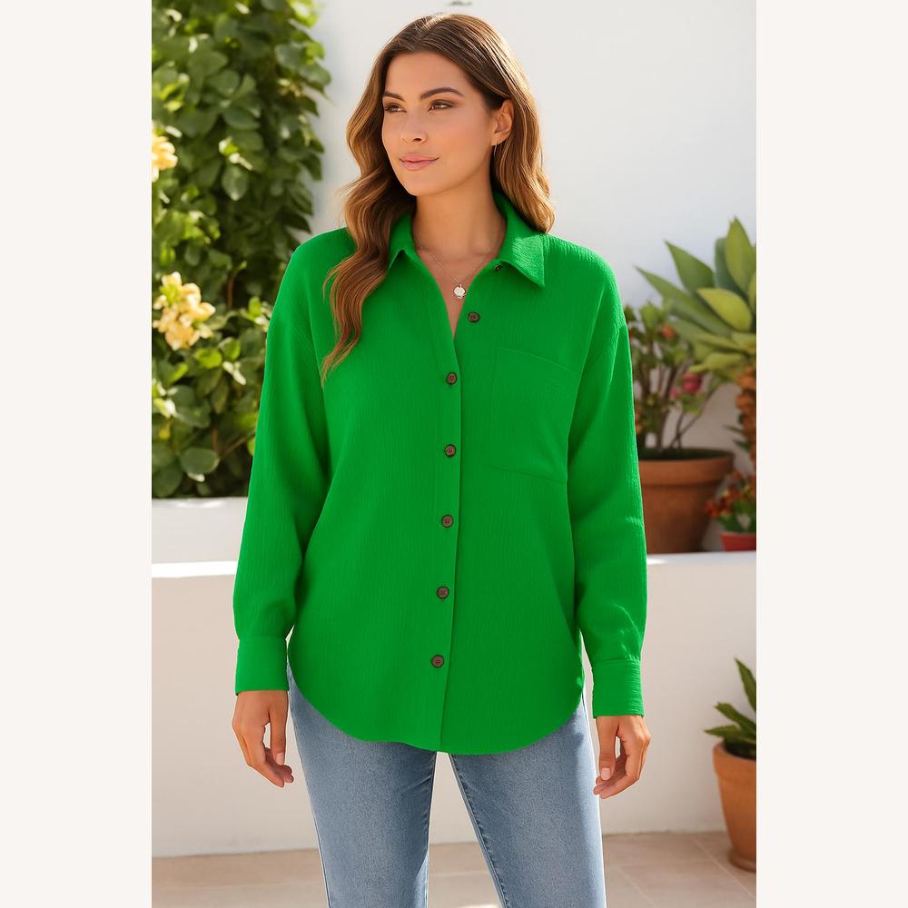 Chemise Femme Décontractée en Coton Magenta, Manches Longues Retroussables, Texture Gaufrée