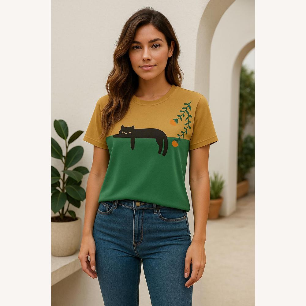 Tee Shirt Femme Décontracté Imprimé Chat Noir en Coton Doux – Style Bicolore, Coupe Ample, Idéal pour le Quotidien