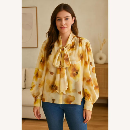 Women's Floral Chiffon Blouse with Bow - Chic and Elegant, Puff Sleeves, Ideal for Office and Brunch