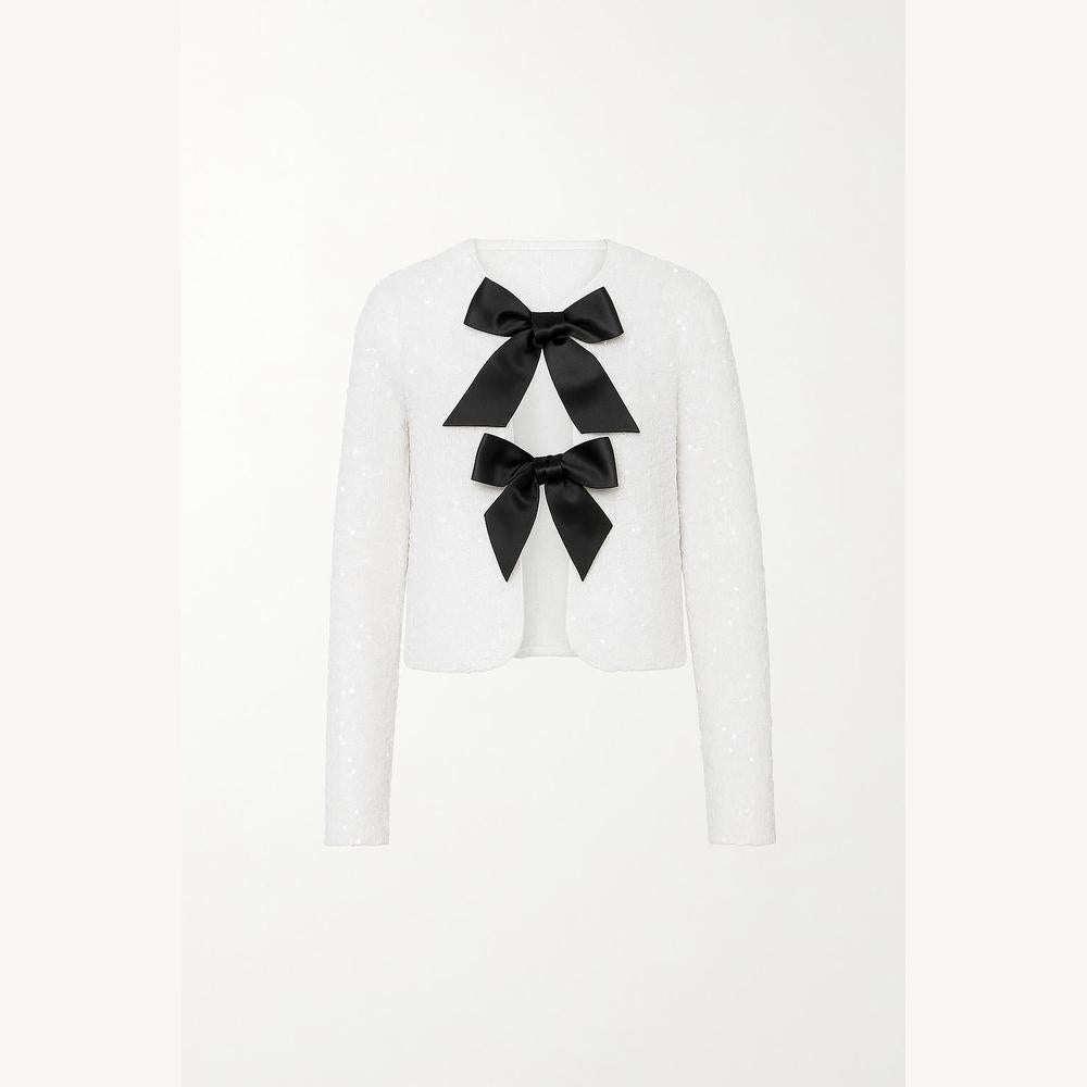 Veste Femme Chic à Nœuds Satinés - Blazer Élégant en Polyester Texturé, Design Ouvert, Idéal pour Soirées et Bureau