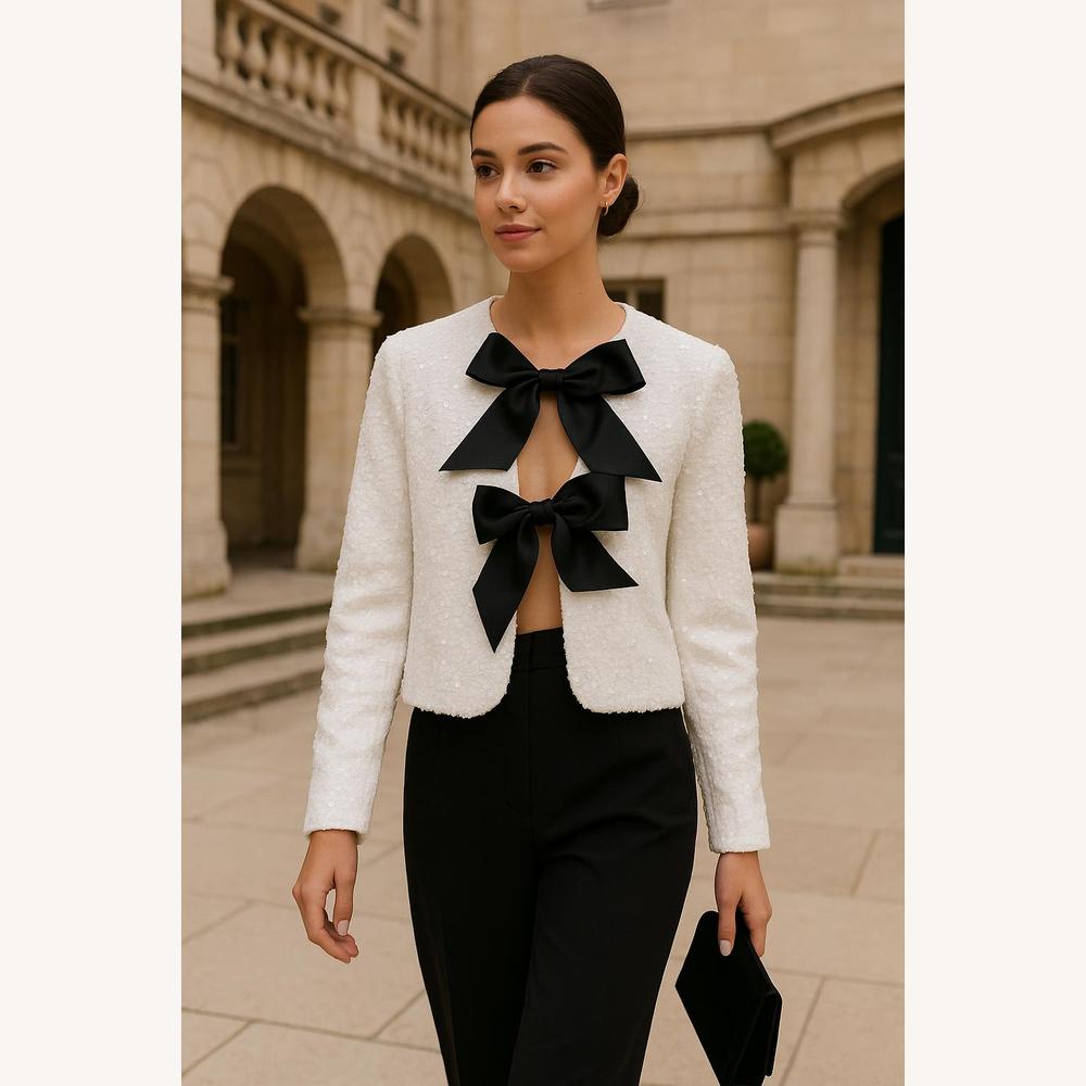 Veste Femme Chic à Nœuds Satinés - Blazer Élégant en Polyester Texturé, Design Ouvert, Idéal pour Soirées et Bureau