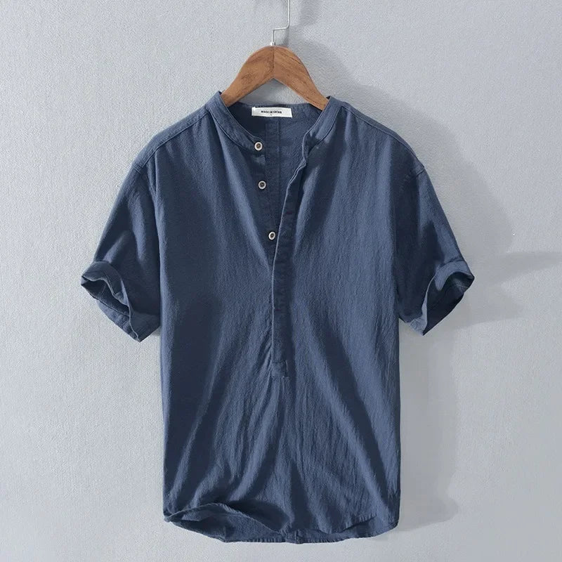 Loose Cotton and Linen Breathable Shirt with Short Sleeves and Semi-Open Collar
